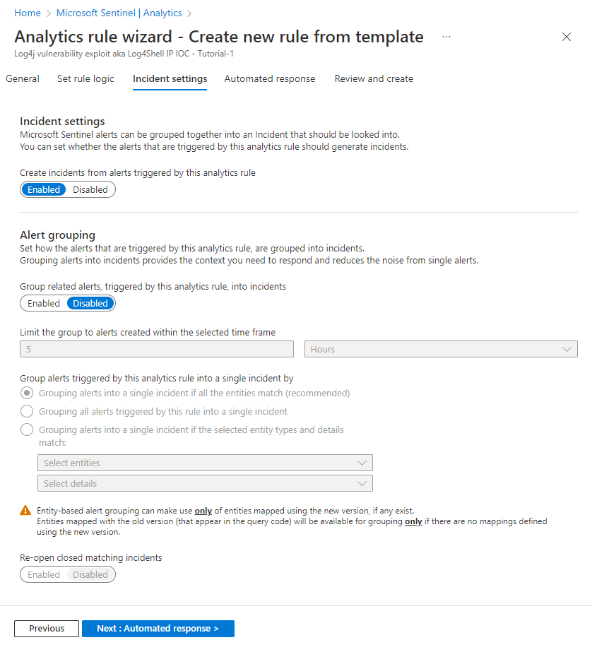 Tangkapan layar tab pengaturan Insiden dari wizard aturan Analytics.