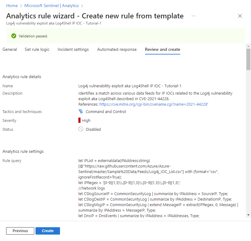 Cuplikan layar tab Tinjau dan Buat pada panduan aturan Analytics.