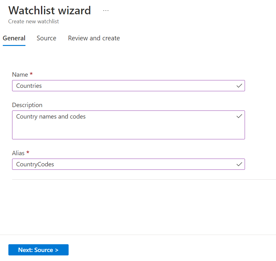 Cuplikan layar tab umum daftar pengawasan di wizard daftar pengawasan.