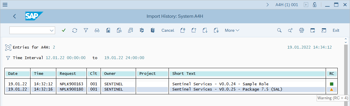 Cuplikan layar dari tampilan status impor.