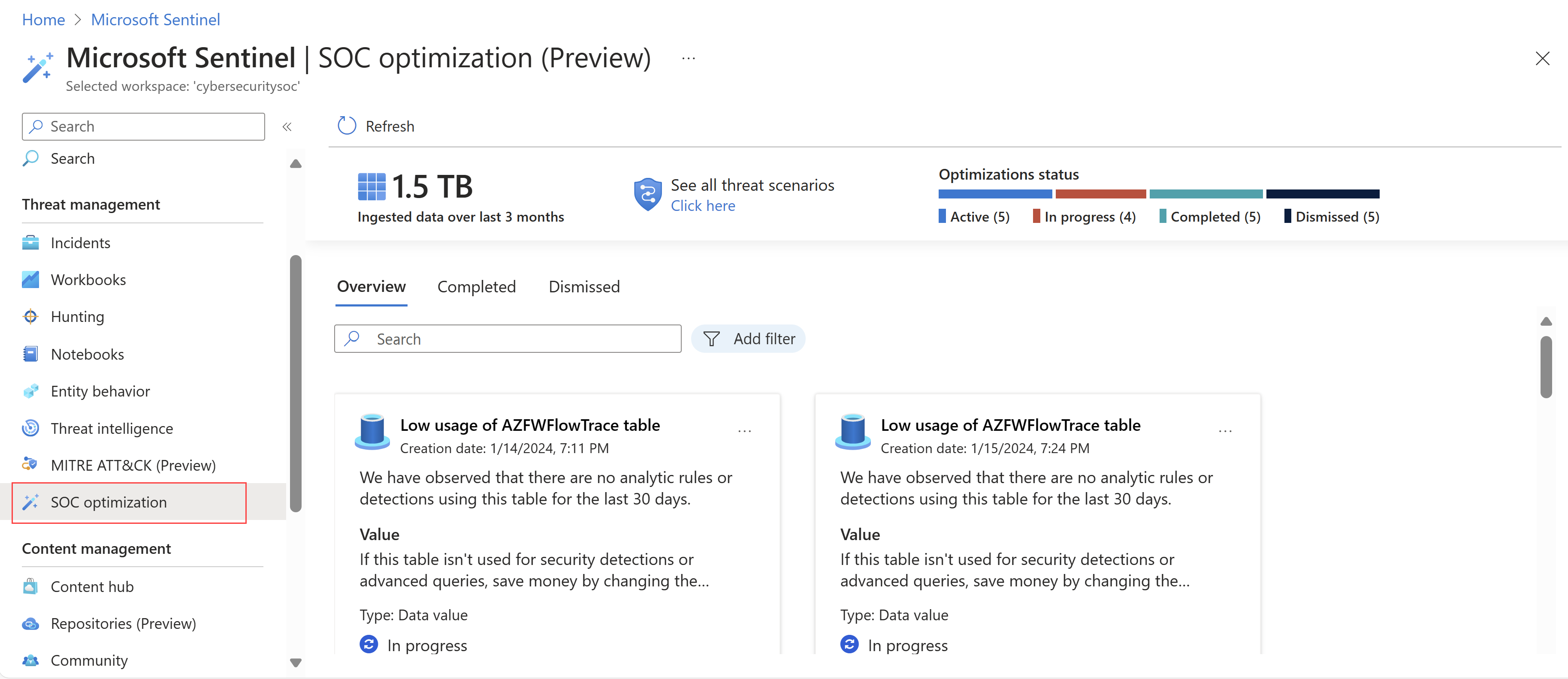 Cuplikan layar halaman pengoptimalan SOC di portal Azure.