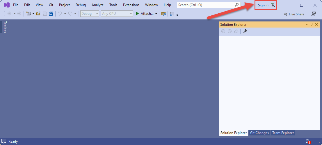 Cuplikan layar memperlihatkan tombol untuk masuk ke Azure menggunakan Visual Studio.