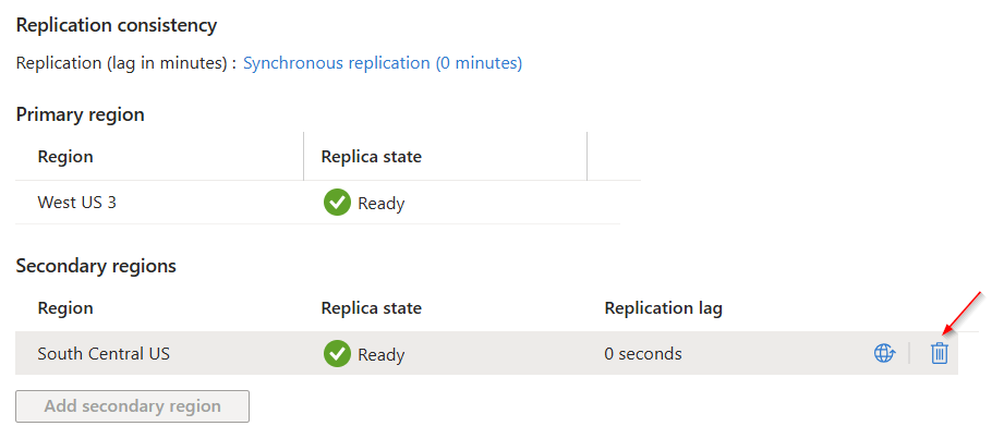Cuplikan layar memperlihatkan cara menghapus wilayah sekunder.