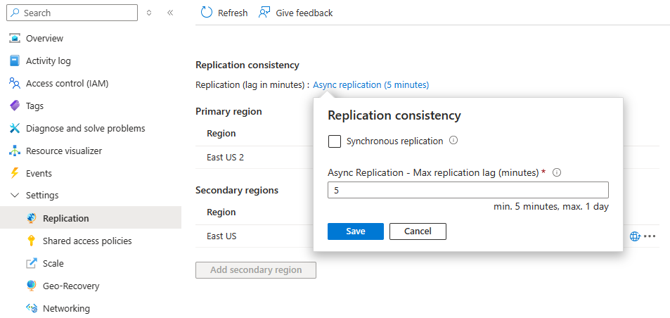 Cuplikan layar memperlihatkan cara memperbarui konfigurasi fitur Geo-Replication.