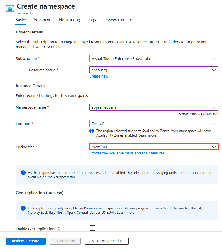 Cuplikan layar yang memperlihatkan pilihan tingkat premium saat membuat namespace.