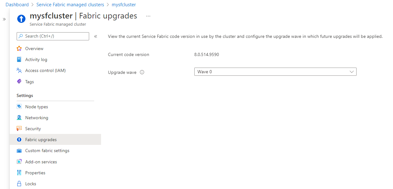 Pilih peningkatan otomatis atau Manual di bagian 'Peningkatan fabric' dari sumber daya kluster Anda di portal Microsoft Azure