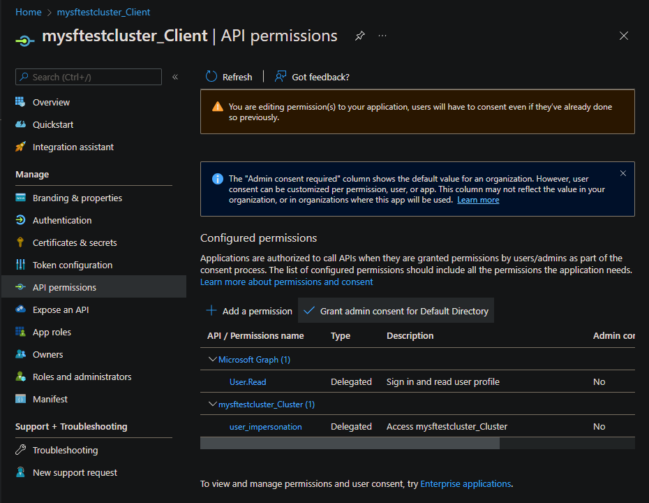 Cuplikan layar yang menampilkan Berikan persetujuan admin yang dipilih di bilah Pendaftaran aplikasi Azure.