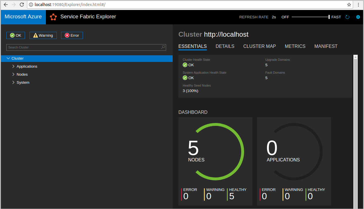 Azure Service Fabric Explorer menampilkan node-node sehat