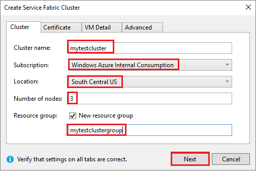 Screenshot shows the Cluster tab of the Create Service Fabric Cluster dialog box.