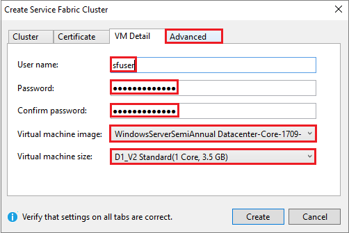 Screenshot shows the V M Detail tab of the Create Service Fabric Cluster dialog box.