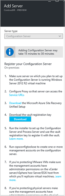 Cuplikan layar dialog Tambahkan Server dengan Jenis Server diatur ke Server Konfigurasi dan tombol Unduh kunci pendaftaran vault disorot.