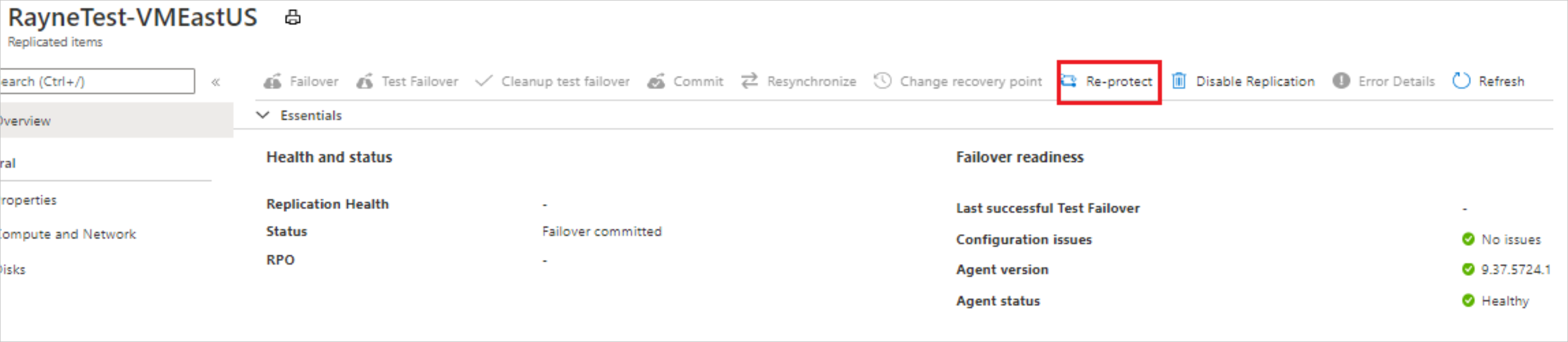 Tombol untuk mengaktifkan perlindungan ulang untuk VM untuk VM.
