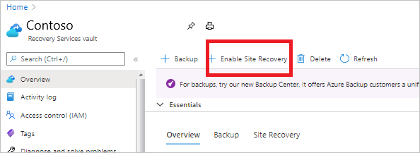 Pilihan untuk mengaktifkan Site Recovery dalam vault