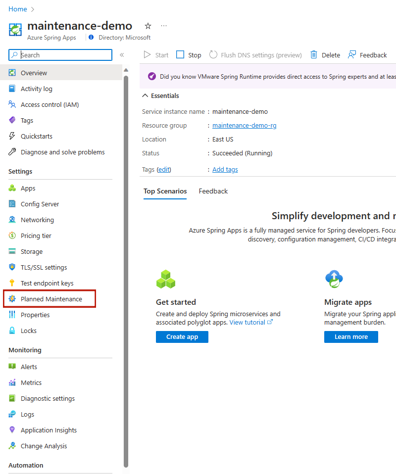Cuplikan layar portal Microsoft Azure yang memperlihatkan bilah sisi Azure Spring Apps dengan Pemeliharaan Terencana disorot.