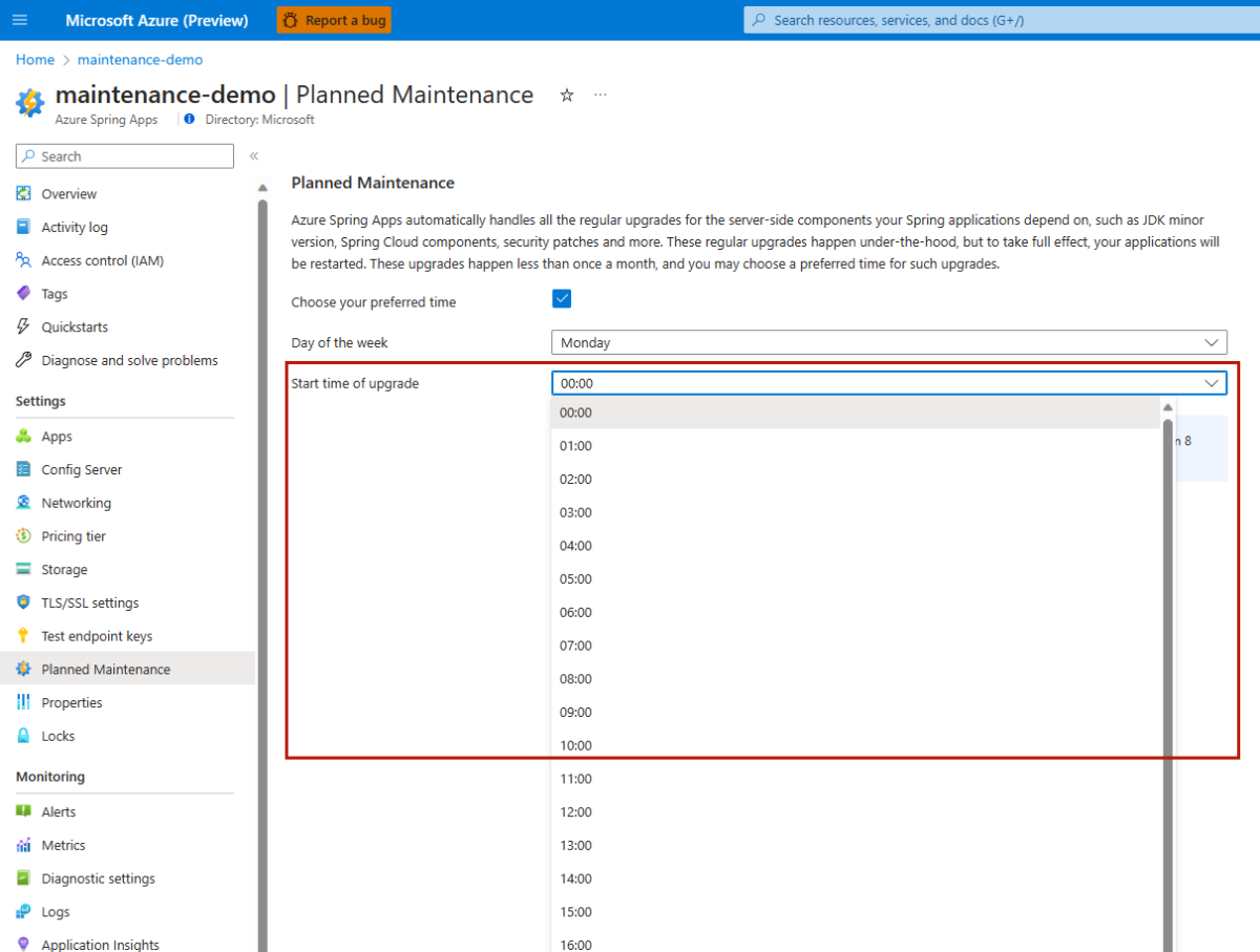 Cuplikan layar portal Microsoft Azure yang memperlihatkan halaman Pemeliharaan terencana dengan opsi Waktu mulai peningkatan disorot.
