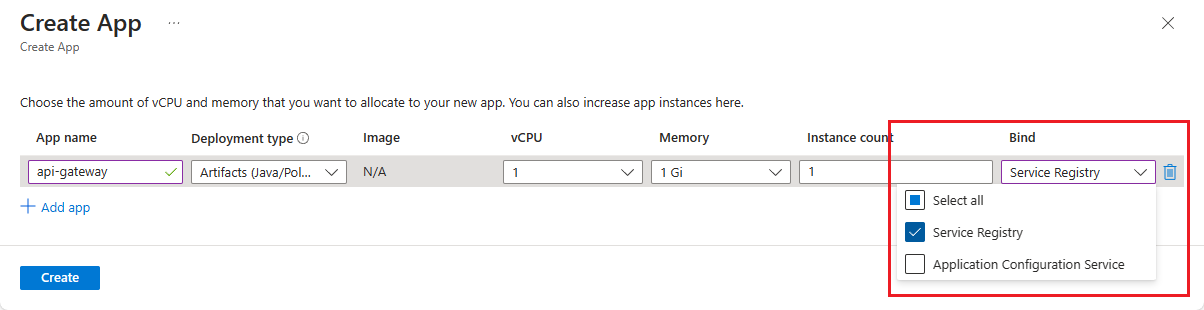 Cuplikan layar portal Azure yang memperlihatkan halaman Buat Aplikasi dengan menu tarik-turun Ikat disorot.