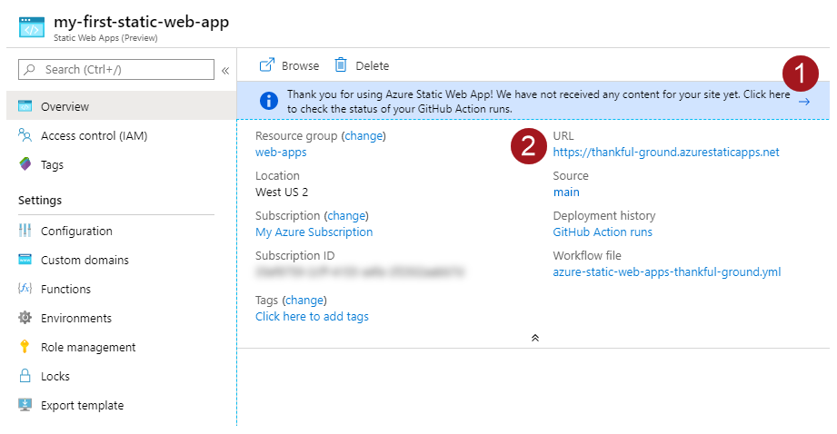 Cuplikan layar jendela gambaran umum Azure Static Web Apps.