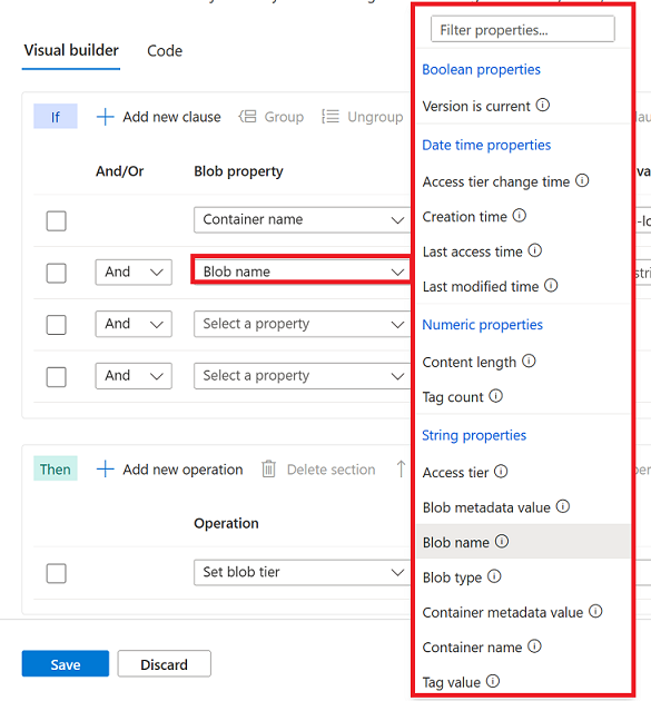 Cuplikan layar daftar drop-down properti klausul.