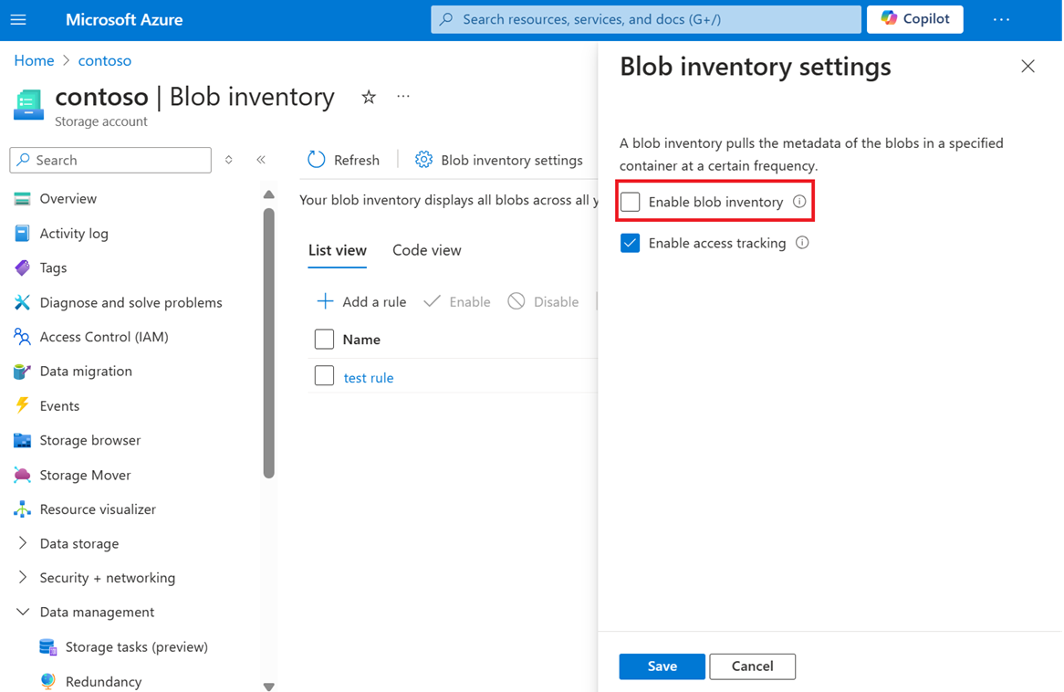 Cuplikan layar yang memperlihatkan kotak centang Aktifkan inventori blob di portal Azure.
