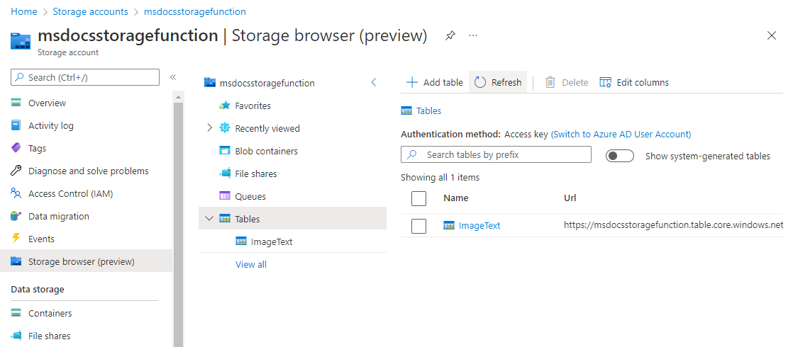 Cuplikan layar yang menampilkan entri teks di Azure Table Storage.