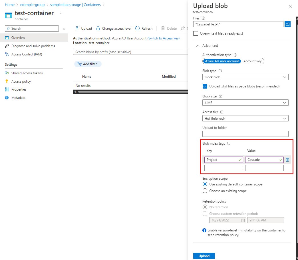 Cuplikan layar yang menunjukkan panel blob Unggah dengan bagian Tag indeks blog.