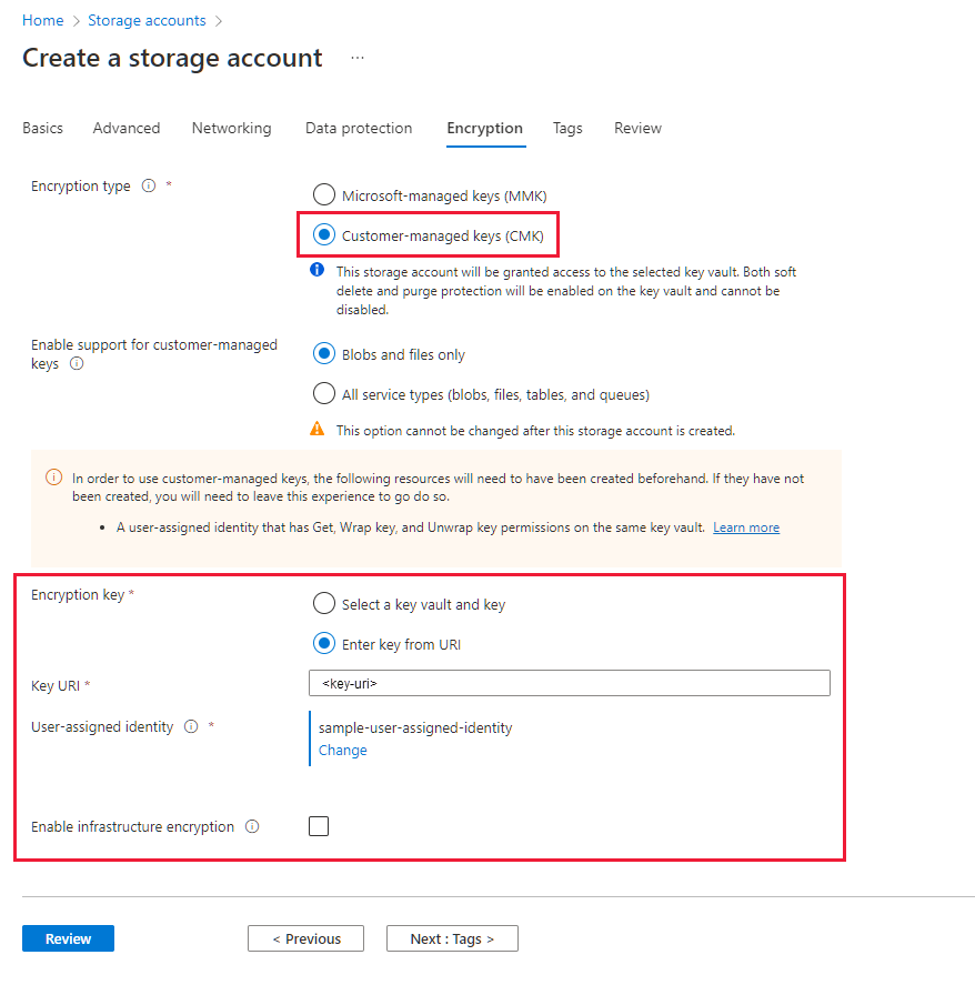 Cuplikan layar yang menampilkan cara memasukkan URI kunci di portal Azure.