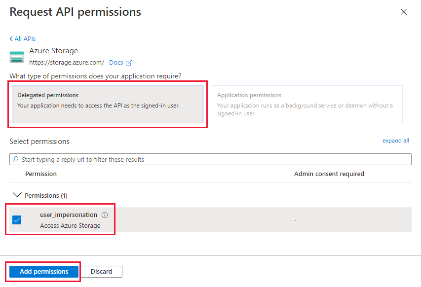 Cuplikan layar memperlihatkan izin untuk API penyimpanan
