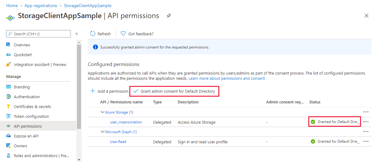 Cuplikan layar memperlihatkan izin API untuk aplikasi terdaftar