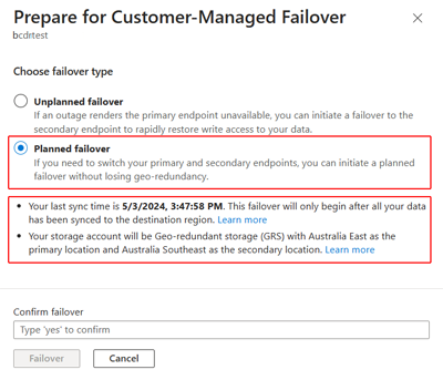Cuplikan layar memperlihatkan opsi failover yang direncanakan dipilih pada jendela Bersiap untuk failover.