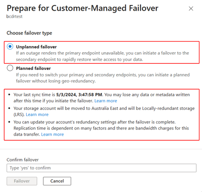 Cuplikan layar memperlihatkan opsi failover yang dipilih pada jendela Bersiap untuk failover.