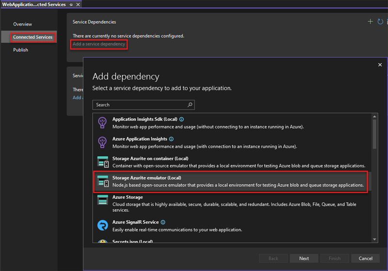 A screenshot showing how to add Azurite as a dependency to an ASP.NET project.