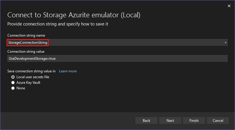 A screenshot showing how to configure a connection string to use Azurite with an ASP.NET project.