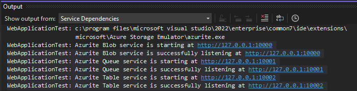 A screenshot showing output after connecting an ASP.NET project to the Azurite emulator.