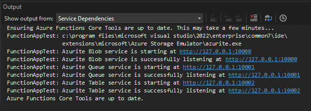 A screenshot showing output after setting Azurite to be the runtime storage account for an Azure Functions project.