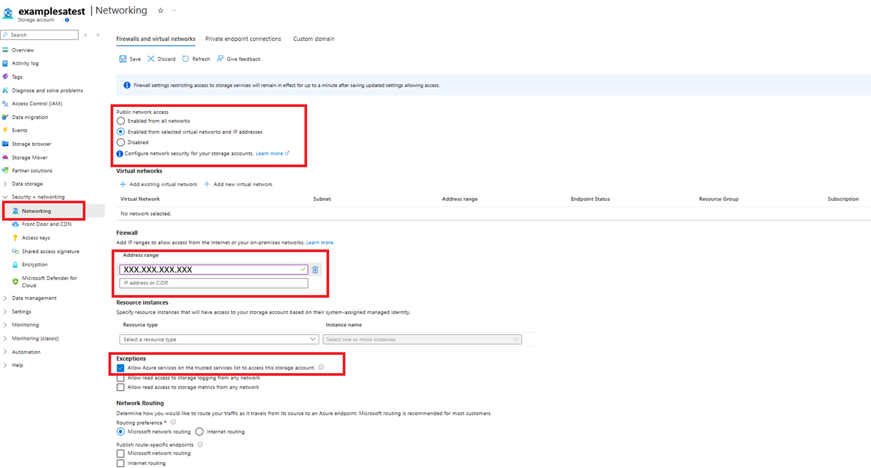 Cuplikan layar mengonfigurasi firewall dan pengaturan jaringan virtual agar berfungsi dengan sinkronisasi File Azure.