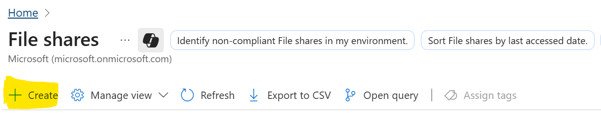 Cuplikan layar portal Azure untuk tombol pembuatan berbagi file.