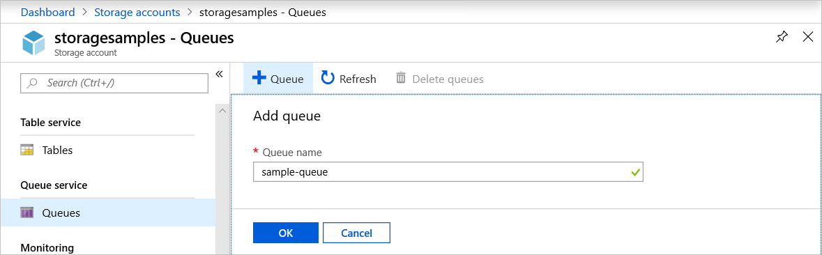 Cuplikan layar yang menampilkan cara membuat antrean di portal Microsoft Azure