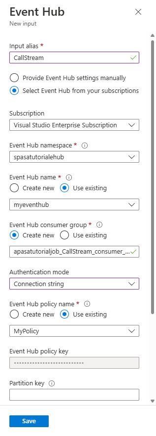 Cuplikan layar yang menunjukkan halaman konfigurasi Azure Event Hubs untuk input.