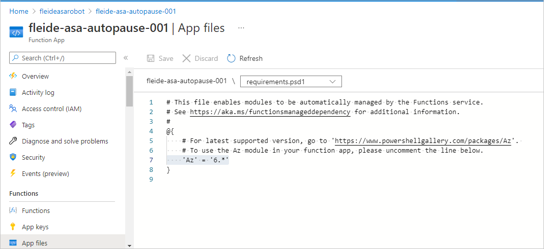 Cuplikan layar pengaturan file aplikasi untuk aplikasi fungsi.