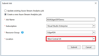 Mengirimkan pekerjaan Stream Analytics Edge Anda ke Azure dari Visual Studio