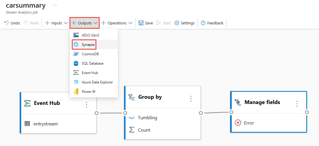 Cuplikan layar bilah perintah dengan Output, Synapse dipilih.