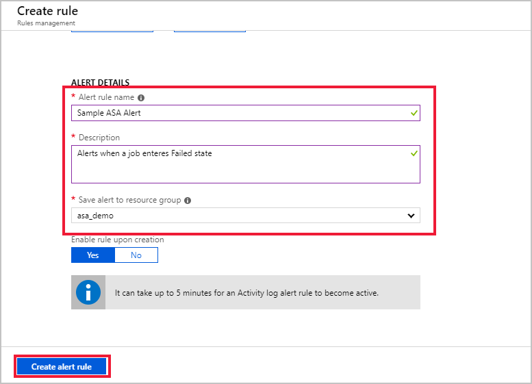 Cuplikan layar memperlihatkan kotak dialog Buat aturan dengan ALERT DETAILS.