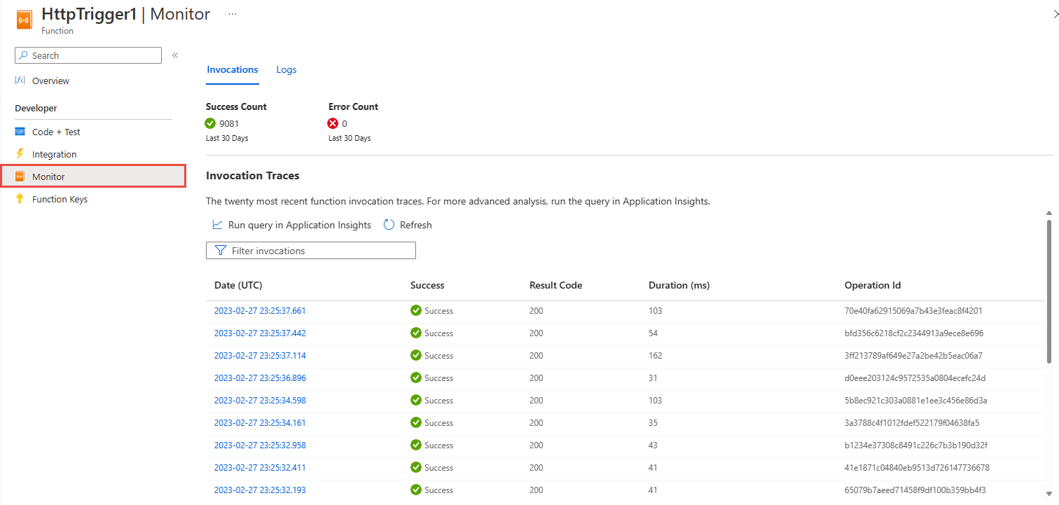 Cuplikan layar memperlihatkan halaman Monitor untuk Azure Functions dengan pemanggilan fungsi.