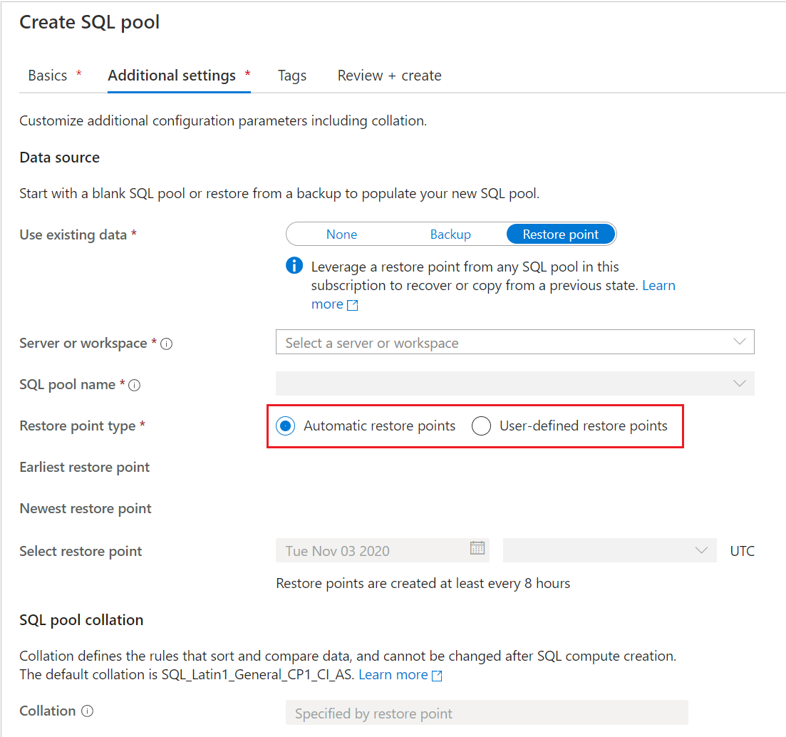 Screenshot from the Azure portal, Create SQL pool page, Additional settings page. For Restore point type, the Automatic restore points radio button is selected.