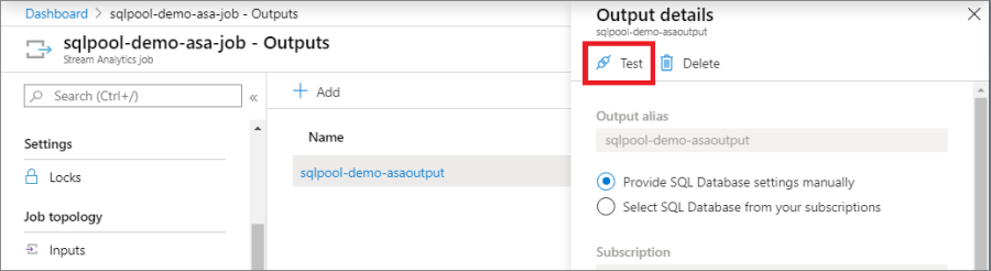 Cuplikan layar memperlihatkan tombol Uji pada detail output.