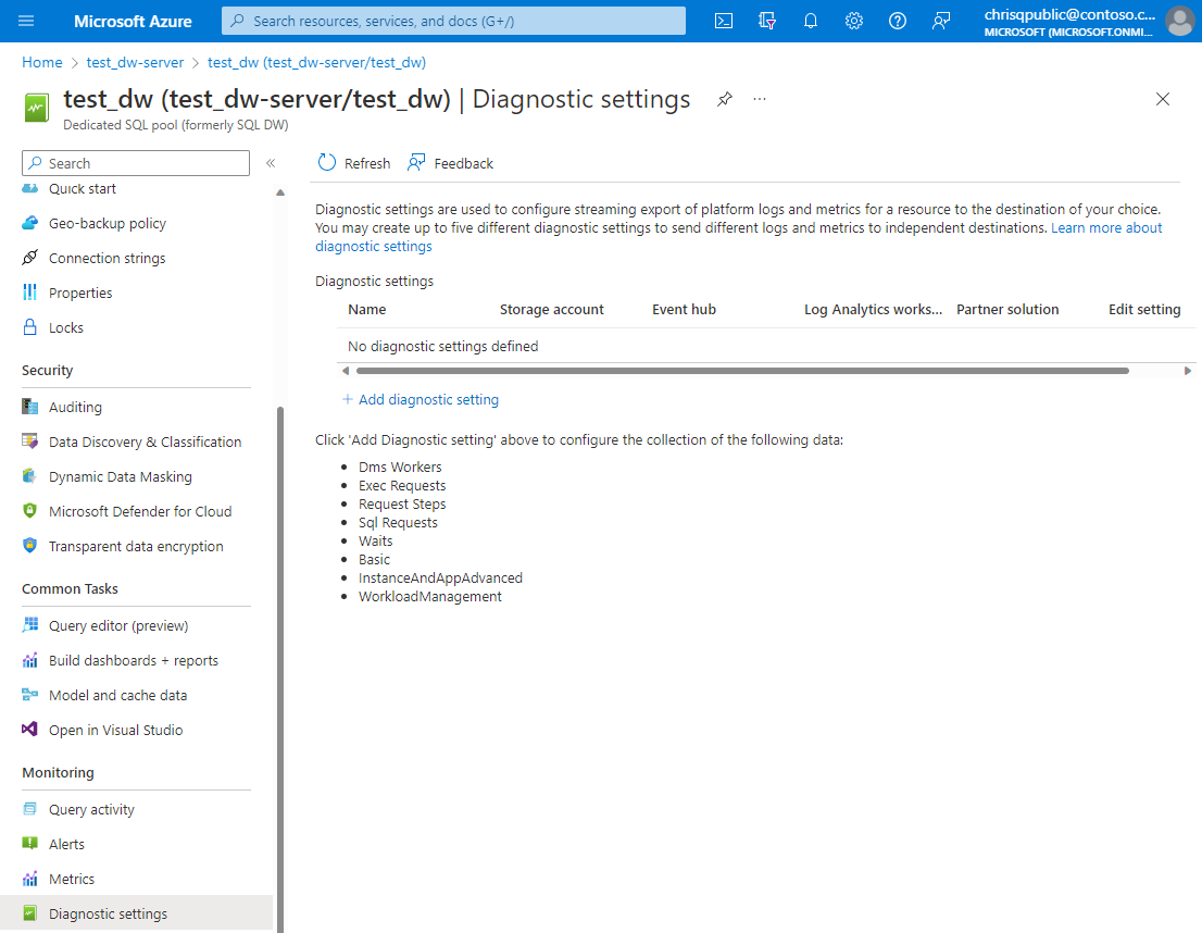 Cuplikan layar halaman untuk membuat pengaturan diagnostik  di portal Azure.