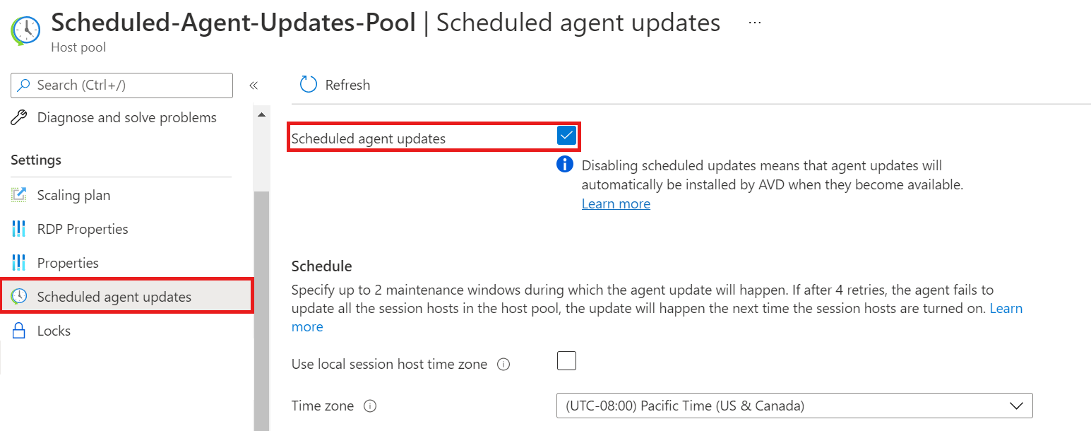 Cuplikan layar yang memperlihatkan opsi Pembaruan Agen Terjadwal di dalam daftar isi kumpulan host dan kotak centang untuk mengaktifkan Pembaruan Agen Terjadwal. Keduanya dipilih dan disorot dengan batas merah.