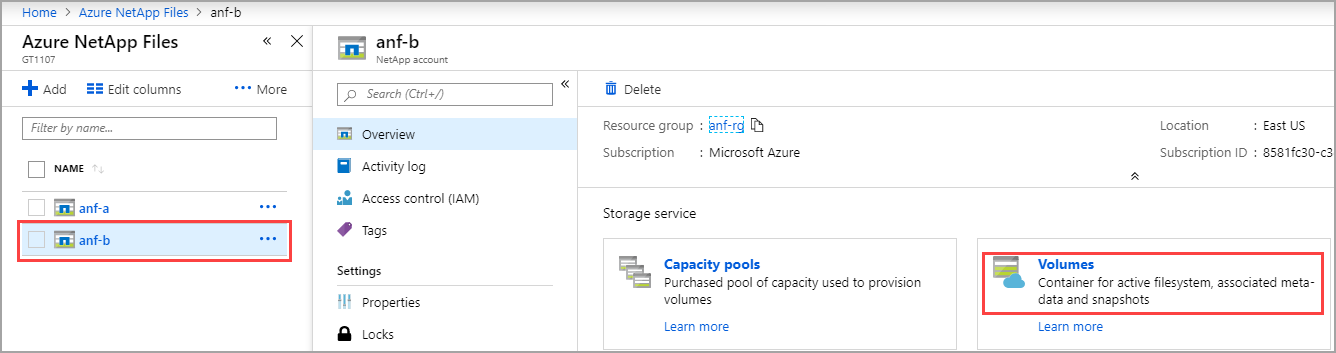 Cuplikan layar akun NetApp yang Anda siapkan sebelumnya di portal Microsoft Azure dengan tombol Volume dipilih.