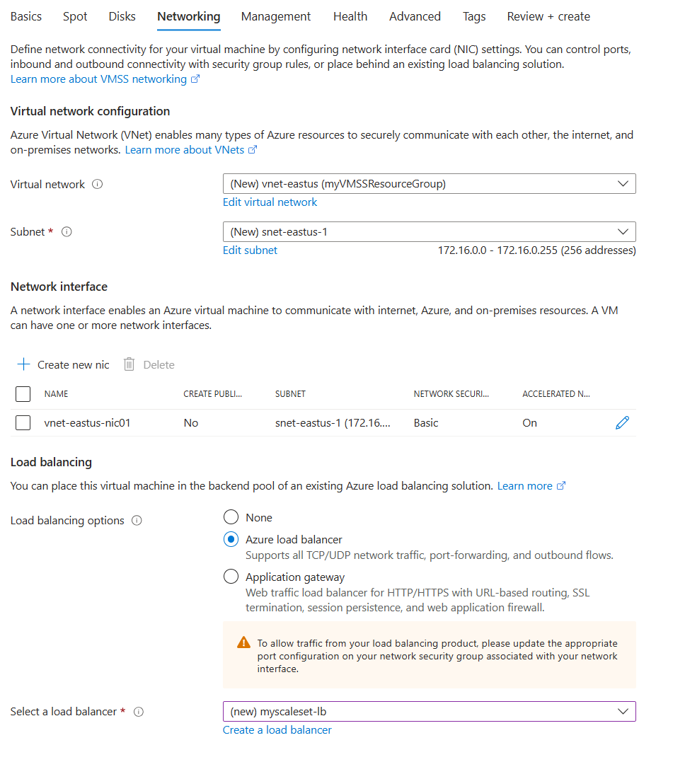 Cuplikan layar tab Jaringan di portal Azure selama proses pembuatan Set Skala Komputer Virtual.