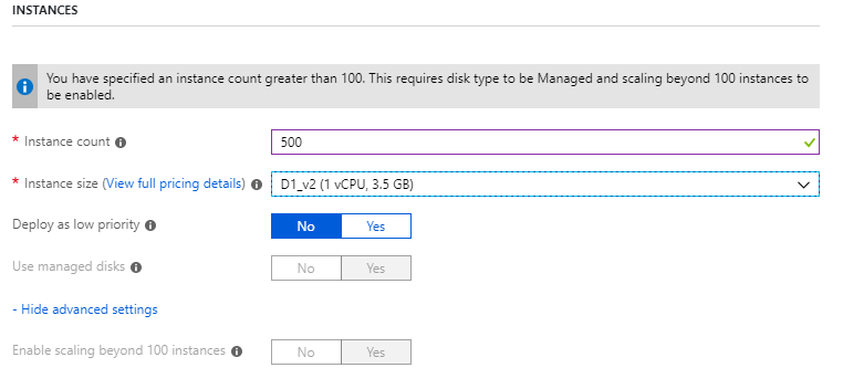 Gambar ini menunjukkan bilah instans Portal Microsoft Azure. Opsi untuk memilih Jumlah Instans dan ukuran Instans tersedia.